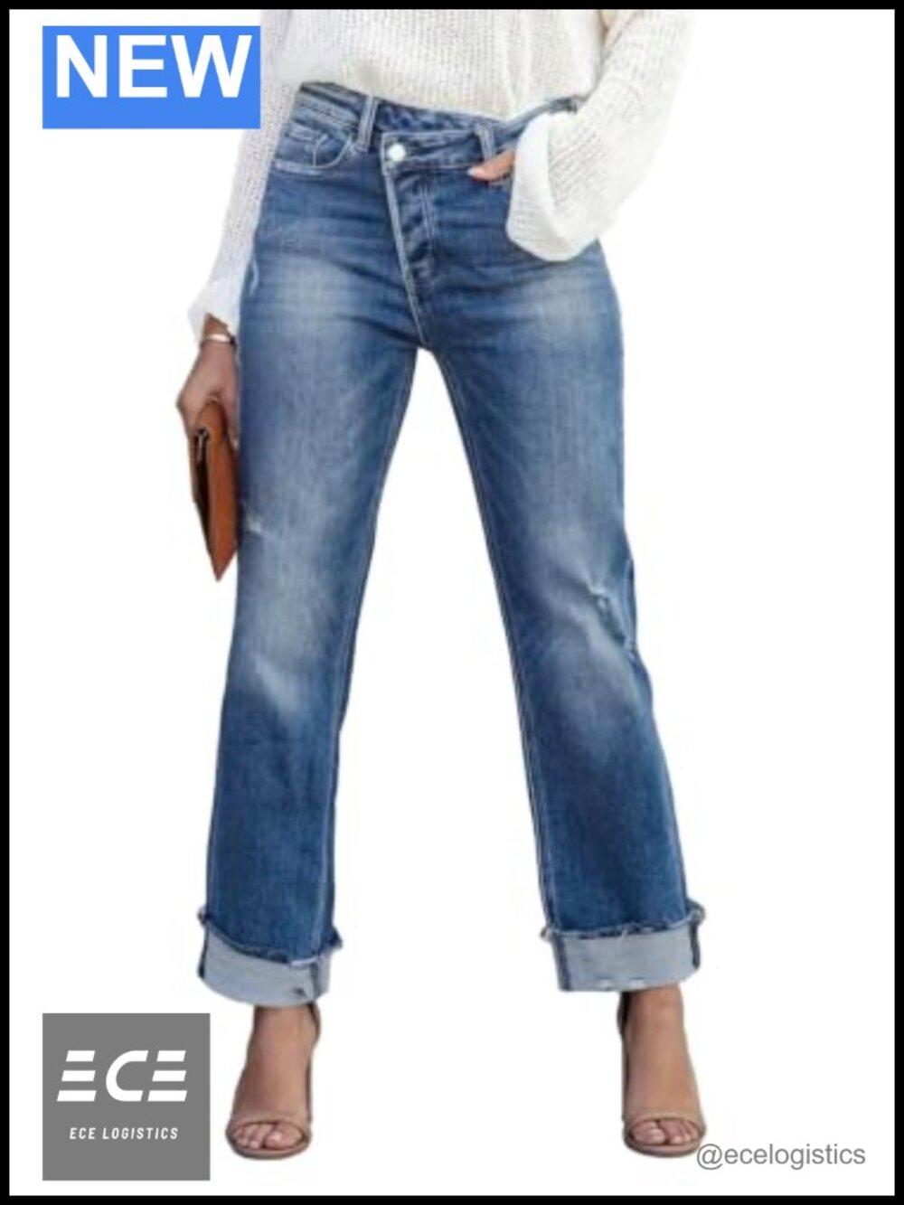 High Waisted Boyfriend Jeans Distressed Cuffed Raw Hem Ankle Denim Pants